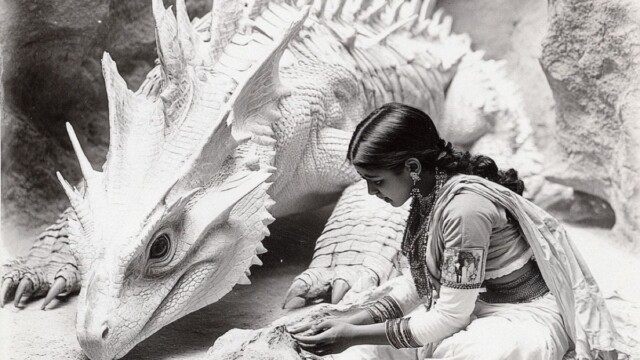 a black and white vintage postcard of a indian girl and a creature --personalize 23wnzau --v 6.1 Job ID: a0040422-6aa7-42a1-817b-2061c2264ec8