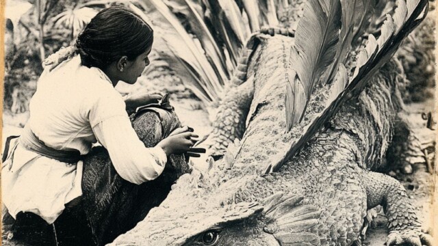 a black and white vintage postcard of a indian girl and a creature --personalize 23wnzau --v 6.1 Job ID: feb9a2b4-7358-4b6c-b2bf-fb0c487c54d2