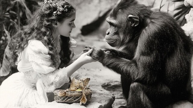 a black and white vintage postcard of a monkey and a beautiful woman --personalize 23wnzau --v 6.1 Job ID: b73916a5-9a6e-4fb9-befa-222092542958