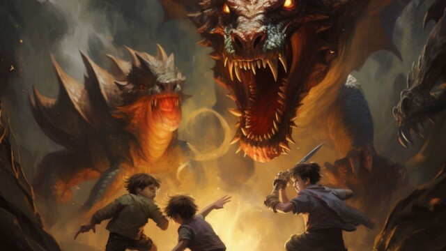 a huge wild dragon fighting against three brave boys. the boys are winning and will be defeating the dragon --v 5.2 Job ID: 7985a9e1-bbfb-407a-b7e7-2dd22bd11bec