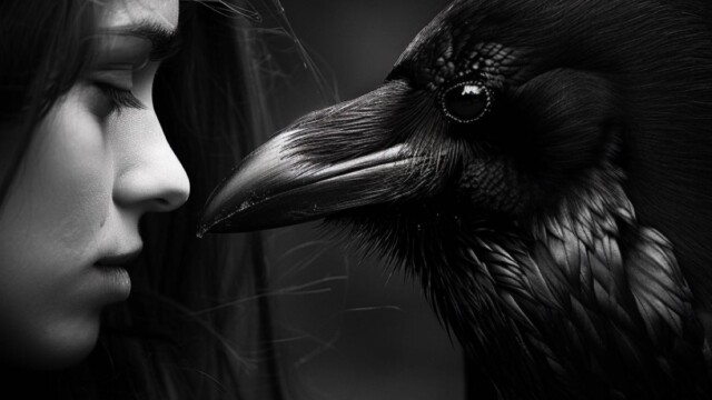 a raven and a girl black and white --v 6 Job ID: 8a20dc83-2495-46c1-99ef-abc8d5ea6108