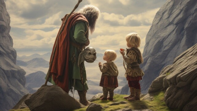 a toddler and his two bigger brothers meeting an elfe on a rocky mountain --v 5.2 Job ID: c7c30c10-44fe-4fb3-bbc0-7e2ede436cab