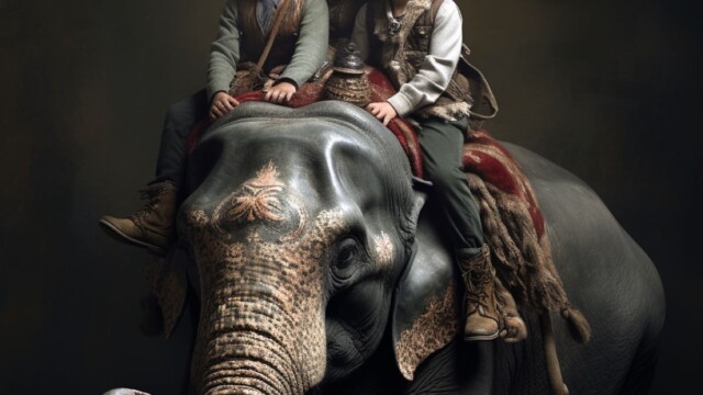 a toddler and his two bigger brothers riding on an elephant --v 5.2 Job ID: 32df530c-2c64-4d27-94b3-def8497df946