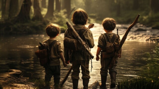 a toddler in die woods walking next to his bigger brothers next to a river in the woods. his brothers have bow and arrow --v 5.2 Job ID: 8a8d2429-ae2a-43fc-b4a8-a72acd70ac35
