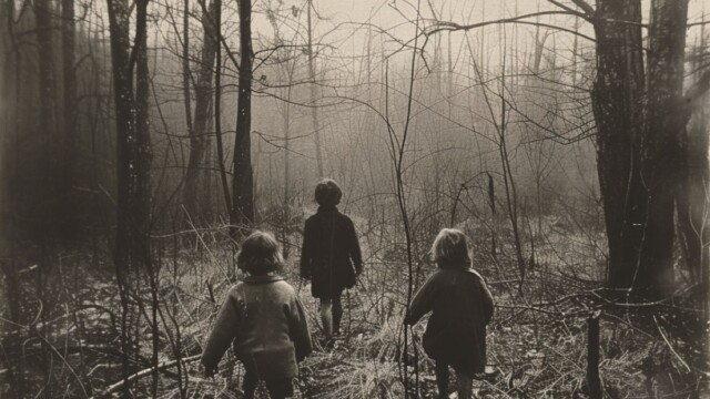 abandoned children in the forest black and white --v 6 Job ID: 81cf0ccb-f3d9-4a96-93fb-3b28c03946e3