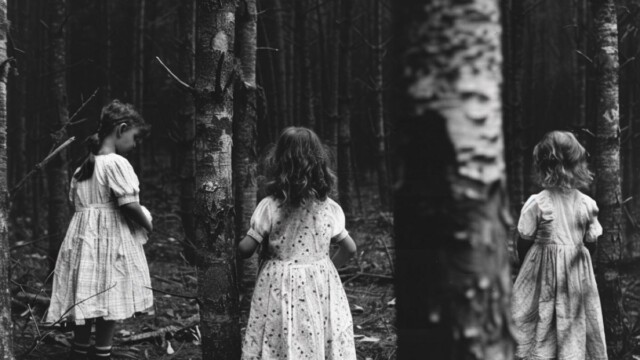 abandoned children in the forest black and white --v 6 Job ID: aee776cd-6a19-44b3-84fe-08a624675443