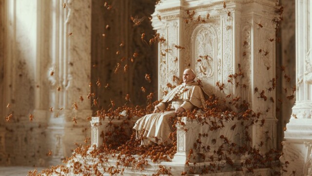 ants eating the pope who is sitting on a huge throne in a marble palace --v 6.1 Job ID: c8d7728b-41ad-4070-abf0-120d1ad77ebb