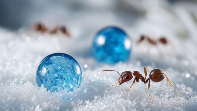 ants on snow with blue glass marbles --v 6.1 Job ID: d4f2ff55-006e-4a45-bf82-2ff7ac653b2b