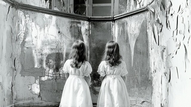 black and white vintage postcard of twin girls in a mental asylum --personalize 23wnzau --v 6.1 Job ID: 5560ee24-e50d-4c72-934c-a29aeb0a4720