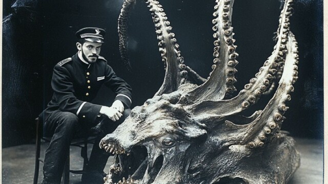 black white postcard of a man in a uniform and a mysterious creature --personalize 23wnzau --v 6.1 Job ID: 534e0ade-c0bd-4c5d-99af-728b45dc9bca