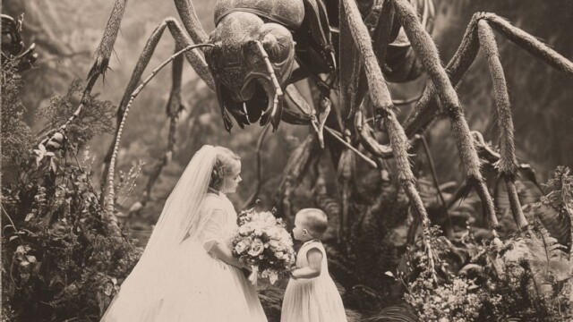 black white postcard of the wedding between a giant ant and a toddler --v 6.1 Job ID: 01825755-a048-4141-b779-5a920f03fc0f