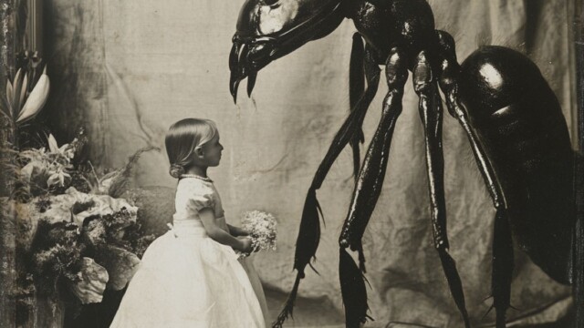 black white postcard of the wedding between a giant ant and a toddler --v 6.1 Job ID: 0c5cf644-b455-4edb-ba50-2413620e64c9
