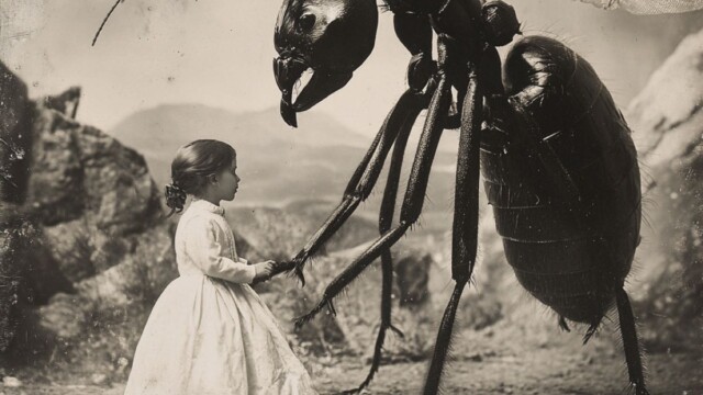 black white postcard of the wedding between a giant ant and a toddler --v 6.1 Job ID: 496b836c-6bd9-4394-892b-682d2e5dab29
