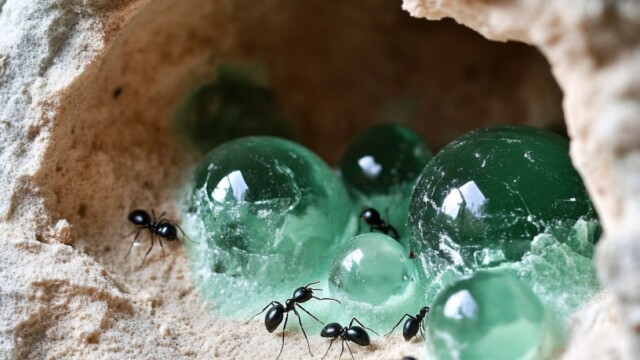 foam cave with green glass marbles and black ants --v 6.1 Job ID: fdfdfd9d-7ece-4535-8734-a963d1959349