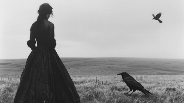 lady in black dress on a wide field black raven black white image cold --v 6 Job ID: 416f251e-fb9a-4a6a-90bf-19383dd68a89
