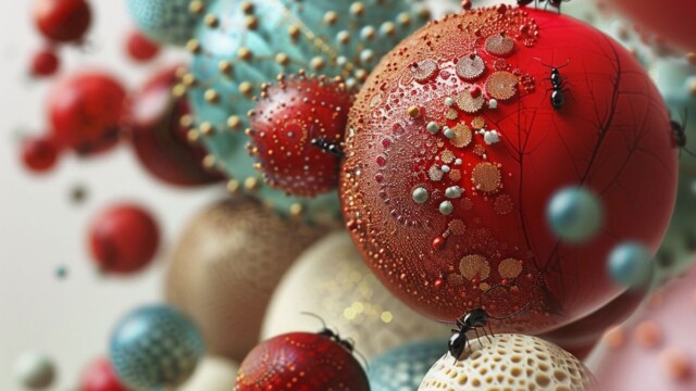 red fibonacci foam marbles with black ants --ar 4:3 --weird 3000 --v 6 Job ID: 0f8235e9-5342-47ca-8838-5dd1cdf62c5d