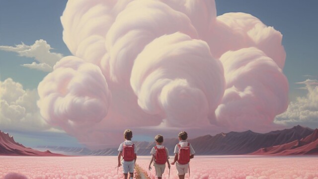 three boys crossing the valley of cotton candy --v 5.2 Job ID: 6a691a8e-be35-481d-b04e-5486e2d5d35a