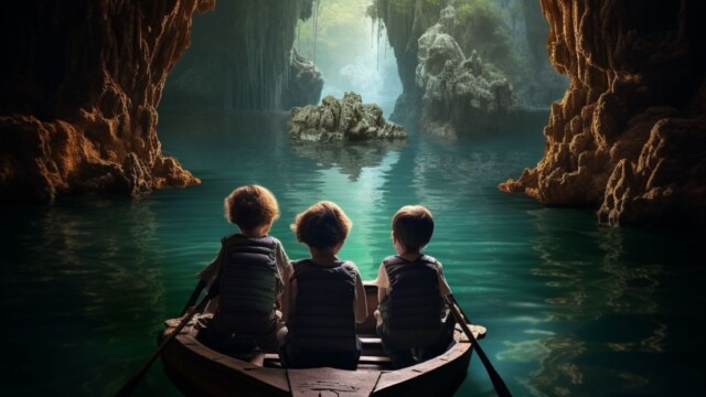 three boys in a boat on a lake in a stalactite cave high definition --v 5.2 Job ID: 638a2291-26dd-466e-bb1c-e522b3005901