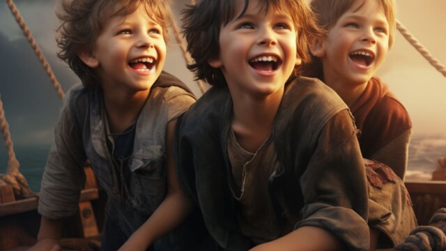 three happy young boys on a pirate boat --v 5.2 Job ID: c3cea48f-99c5-45d6-aebe-eccb00c38877