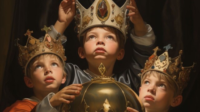 three young boys being crowned --v 5.2 Job ID: 2ef6803c-0efc-4a19-b14b-9f17e573310a