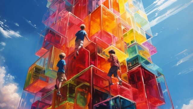 three young boys climbing a huge tower made auf colorful glass --v 5.2 Job ID: 14b297a5-9c6d-4da5-9f5b-3a30738cc879