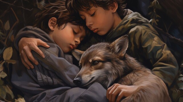 three young boys cuddling in the woods sleeping next to baby mice and a huge wolfe --v 5.2 Job ID: 2145dbd5-6615-4824-acc4-90abaebb7bd0