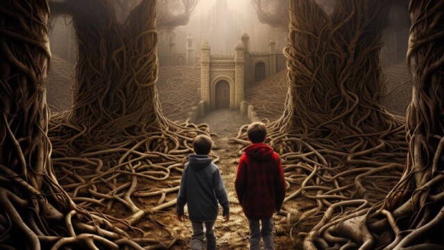 three young boys finding their way through a maze made of roots --v 5.2 Job ID: 792554b0-9696-4a87-a66c-782f9eef711d