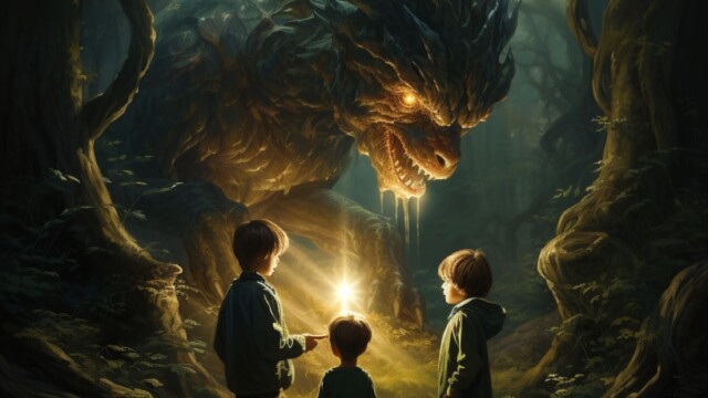 three young boys meeting a mystical creature --v 5.2 Job ID: e1194578-91cf-49d8-b47b-018eee2a70a6
