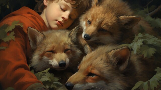 three young boys sleeping in the woods next to a bunch of fox babies --v 5.2 Job ID: c8f25ae3-9180-4104-ab3b-c1de73838a0c