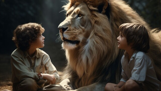 three young boys talking fearlessly to a lion fotorealistic --v 5.2 Job ID: 07c3b868-f306-4fce-b49d-58487bf2be6c