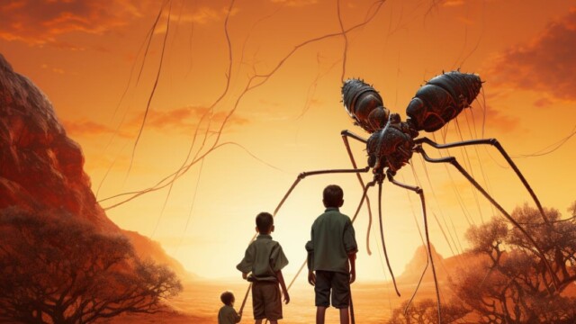 three young boys walking next to huge ants --v 5.2 Job ID: cb9a5114-c0ff-4427-9220-ab0466f06ed4